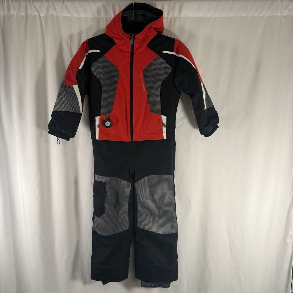 Obermeyer Ski Suit Boys 6 Red Black Full Zip Pockets Hooded 20" Inseam